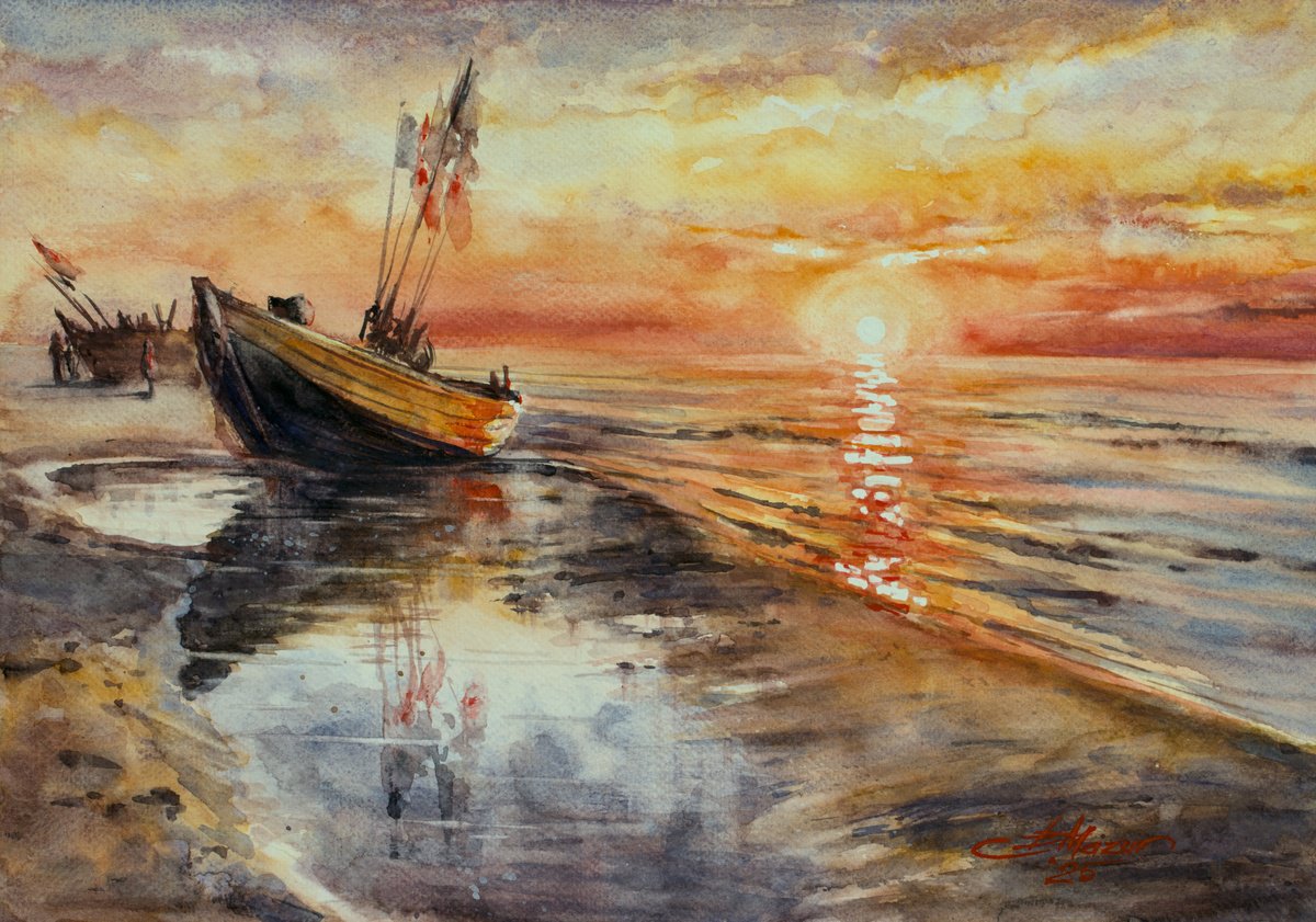 Impressionistic Landscape Watercolour By Eve Mazur, 17 X 12, To The Sun., Original Artwork