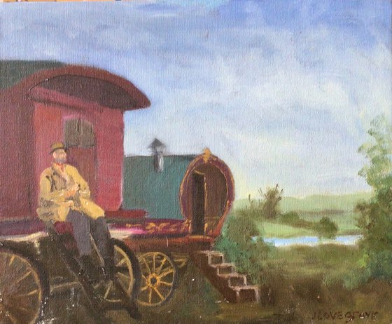 Gypsy camp in Suffolk. An oil painting.