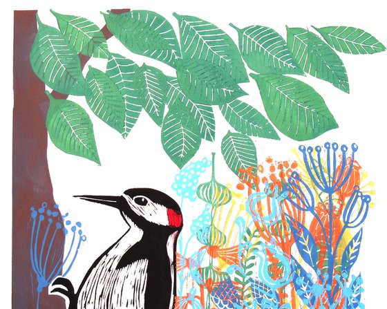 Woodpecker and Flowers