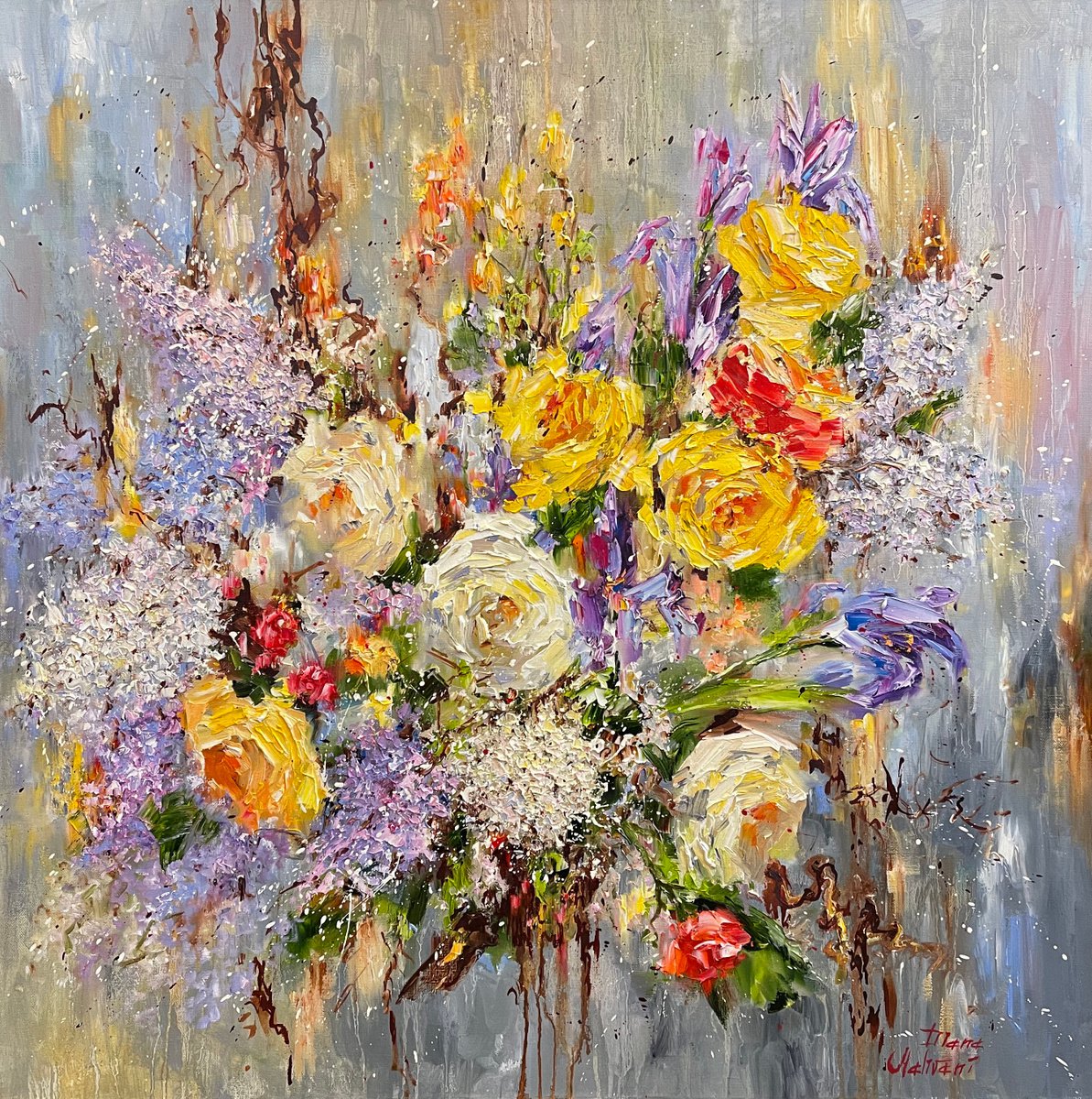 Impressionistic Botanical Oil Painting By Diana Malivani, 31 X 31, After The Rain, Original Artwork