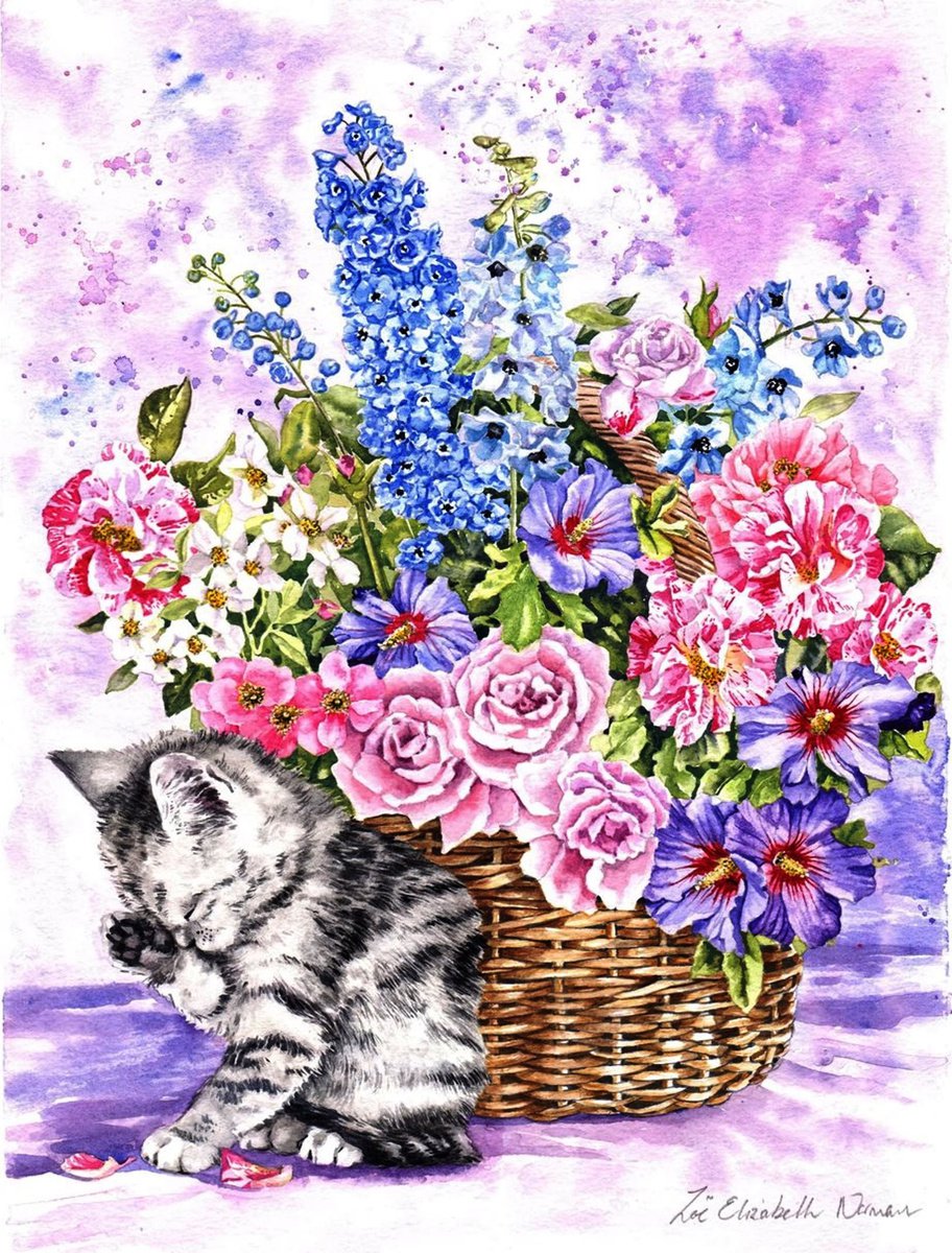 Kitten and Summer Flowers by Zoe Elizabeth Norman