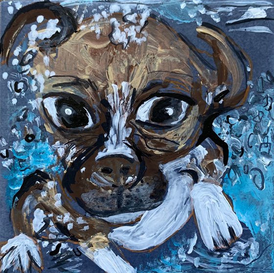 Pets Portrait Acrylic Painting of Dog Underwater Catch Tennis Ball Fun Art Home Decor Gift Ideas