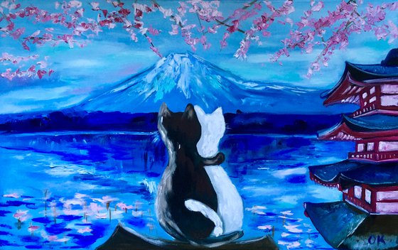 Cats in Japan Travel to Japan in spring, blooming Sakura , Mount Fuji , romantic evening.