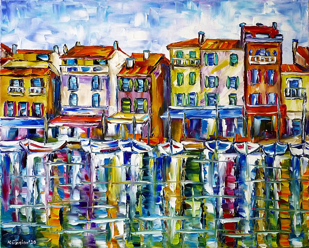 Expressive Cityscapes Oil Painting By Mirek Kuzniar, 20 X 16", Harbor Of Cassis, Original Artwork