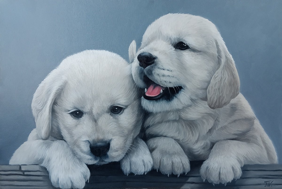 Photorealistic Animal Oil Painting By Tamar Nazaryan, 24 X 16", Puppy Companions, Original Artwork