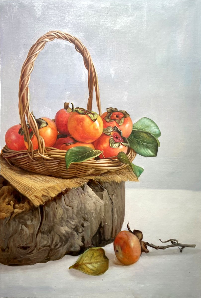 Photorealistic Still Life Oil Painting By Kunlong Wang, 24 X 35", Still Life:persimmons In Basket C189, Original Artwork