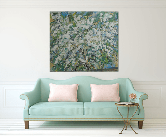 FLOWERING BUSH. APPLE TREE - floral art, landscape, blooming plant, original oil painting, Moscow