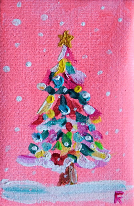 Christmas tree original mini acrylic painting on canvas, New Year pine tree picture on easel