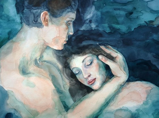 Moon Lovers -  loving couple - romantic couple - couple in love – hugging - romantic art - anniversary painting
