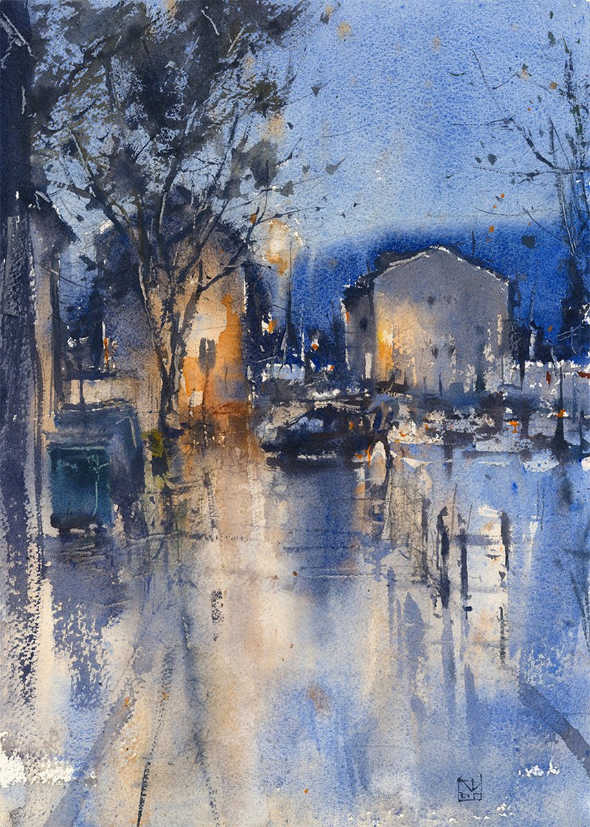 Impressionistic Cityscapes Watercolour By Yurii Prysiazhnyi, 11 X 15", Streets Light, Original Artwork