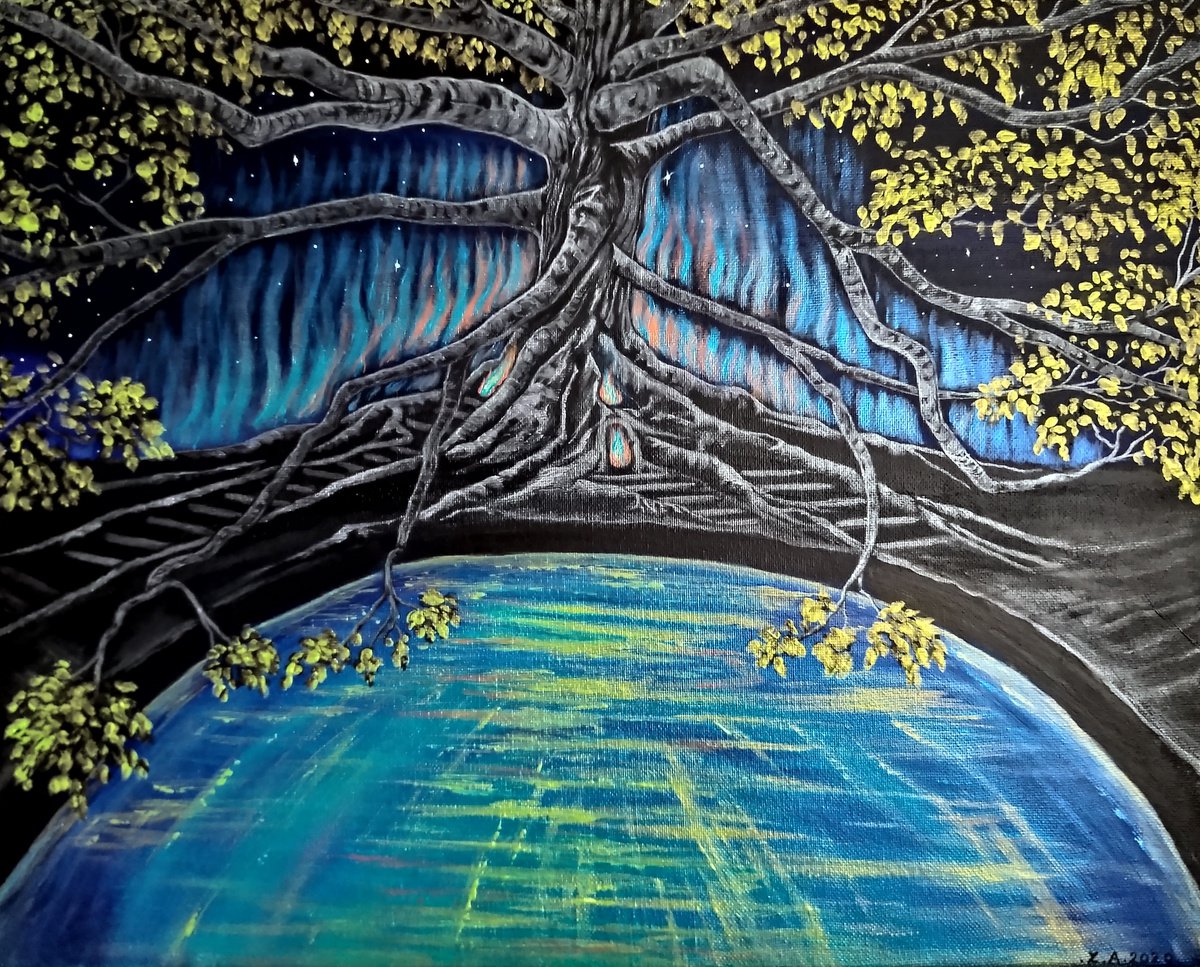 Landscape Acrylic Painting By Zoe Adams, 20 X 16", Magic Tree Pool., Original Artwork
