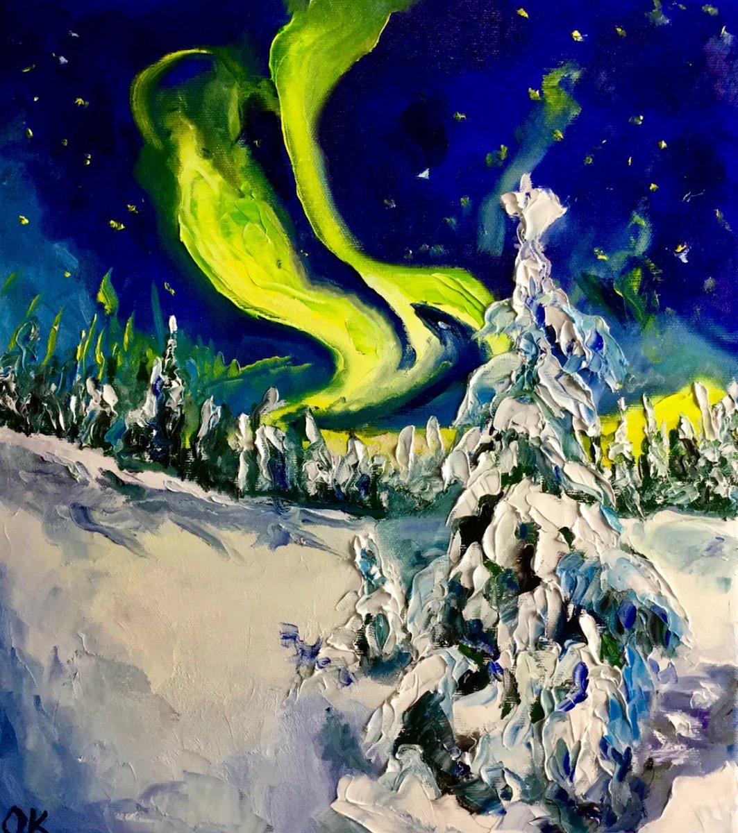 Impressionistic Landscape Oil Painting By Olga Koval, 14 X 16", Night Before Christmas, Original Artwork
