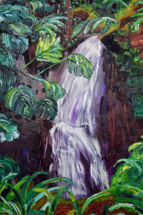 Tropical Round Oil Painting, Waterfall Large Original Canvas Art, Monstera Wall Art