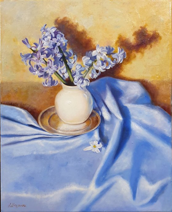 "Blue hyacinths in a white vase" still life flowers hyacinths liGHt original painting   GIFT (2020)
