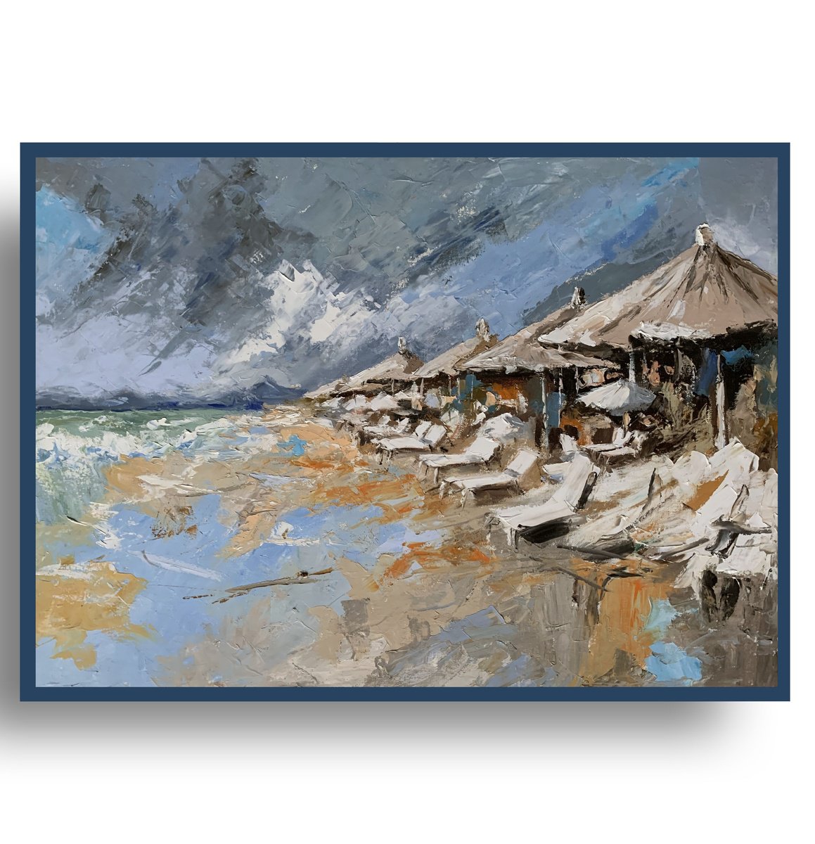 Expressive Landscape Oil Painting By Vita Schagen, 28 X 20", Grey Beach Day. Parasols., Original Artwork