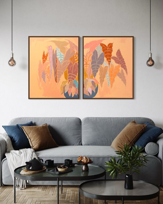 ‘Burnt Coral Alocasia and Begonia’ diptych