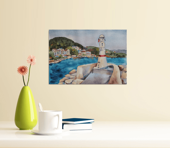 Lighthouse in Kas, Turkey - original watercolor seascape sunset cityview