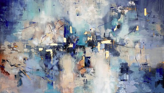 Indigo Clouds - Extra Large Oversize Abstract Painting 71" x 40" , Blue Grey Gold Leaf Soft Colors White Gray Painting