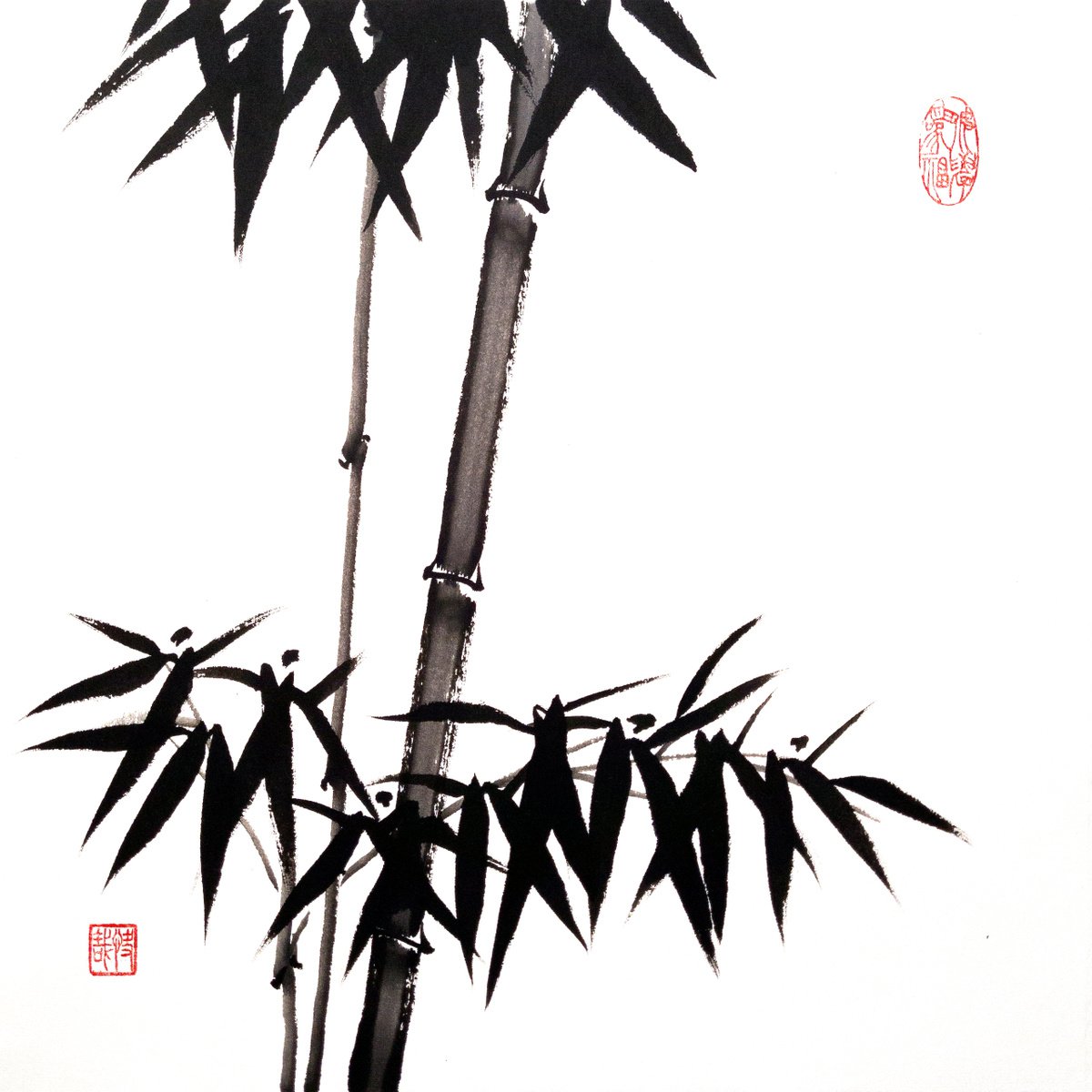Two bamboo branches - Bamboo series No. 2122 - Oriental Chinese Ink Painting by Ilana Shechter