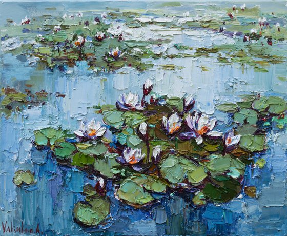 Water Lilies -Pond flowers  Impasto Original Oil painting