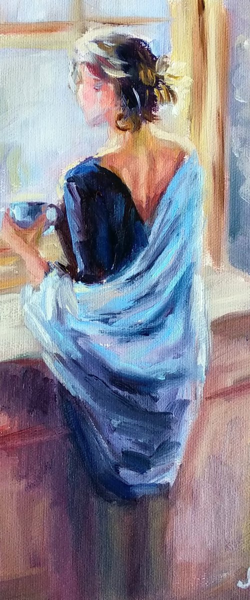 Portrait Women in Love Cup of Tea Open Window Sunny Day Fresh Air Blue Picture by Anastasia Art Line