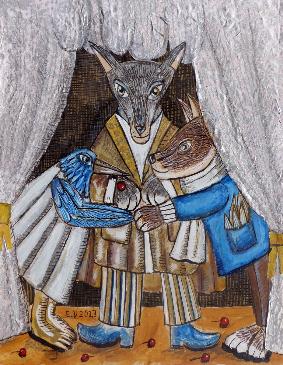 Surrealistic Animal Painting By Elizabeth Vlasova, 11 X 14, Incident At The Theater, Original Artwork