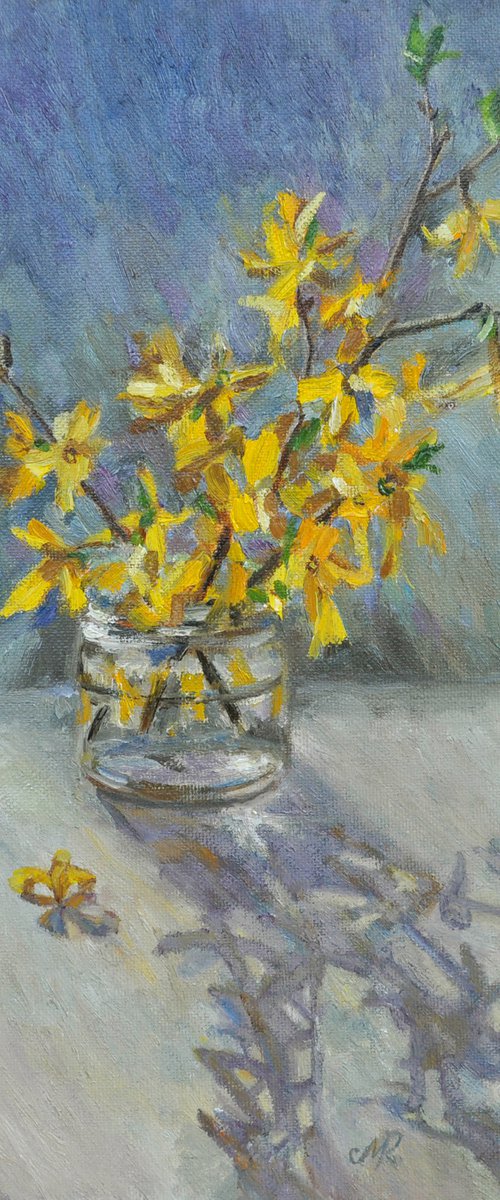 Forsythia by the window original oil painting by Marina Petukhova