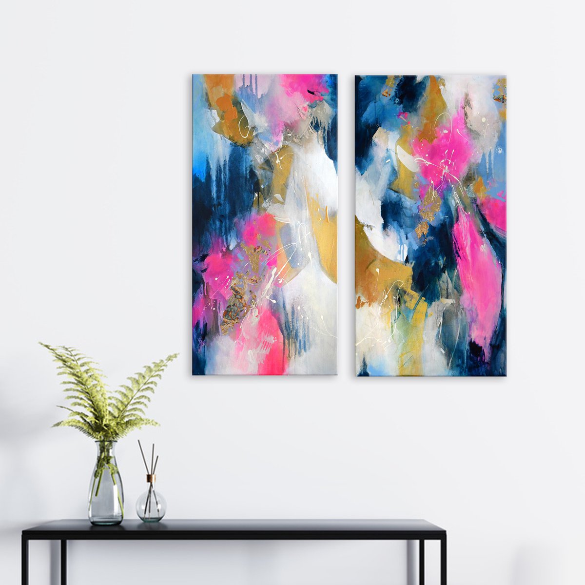 Abstract Acrylic Painting By Kirsten Handelmann, 31 X 31", Cascades (Diptych), Original Artwork