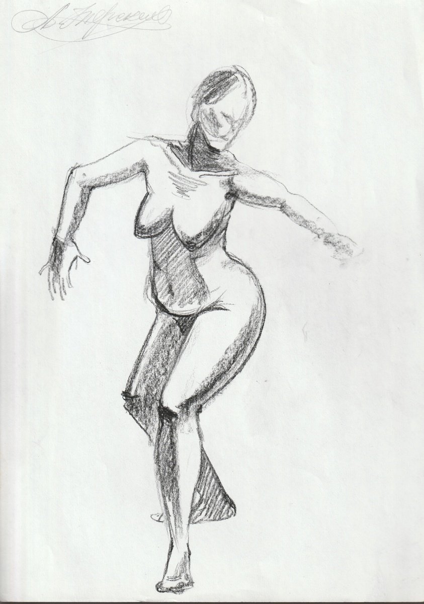 Portrait Charcoal Drawing By Anastasia Terskih, 8 X 12, Nudity ?2, Original Artwork