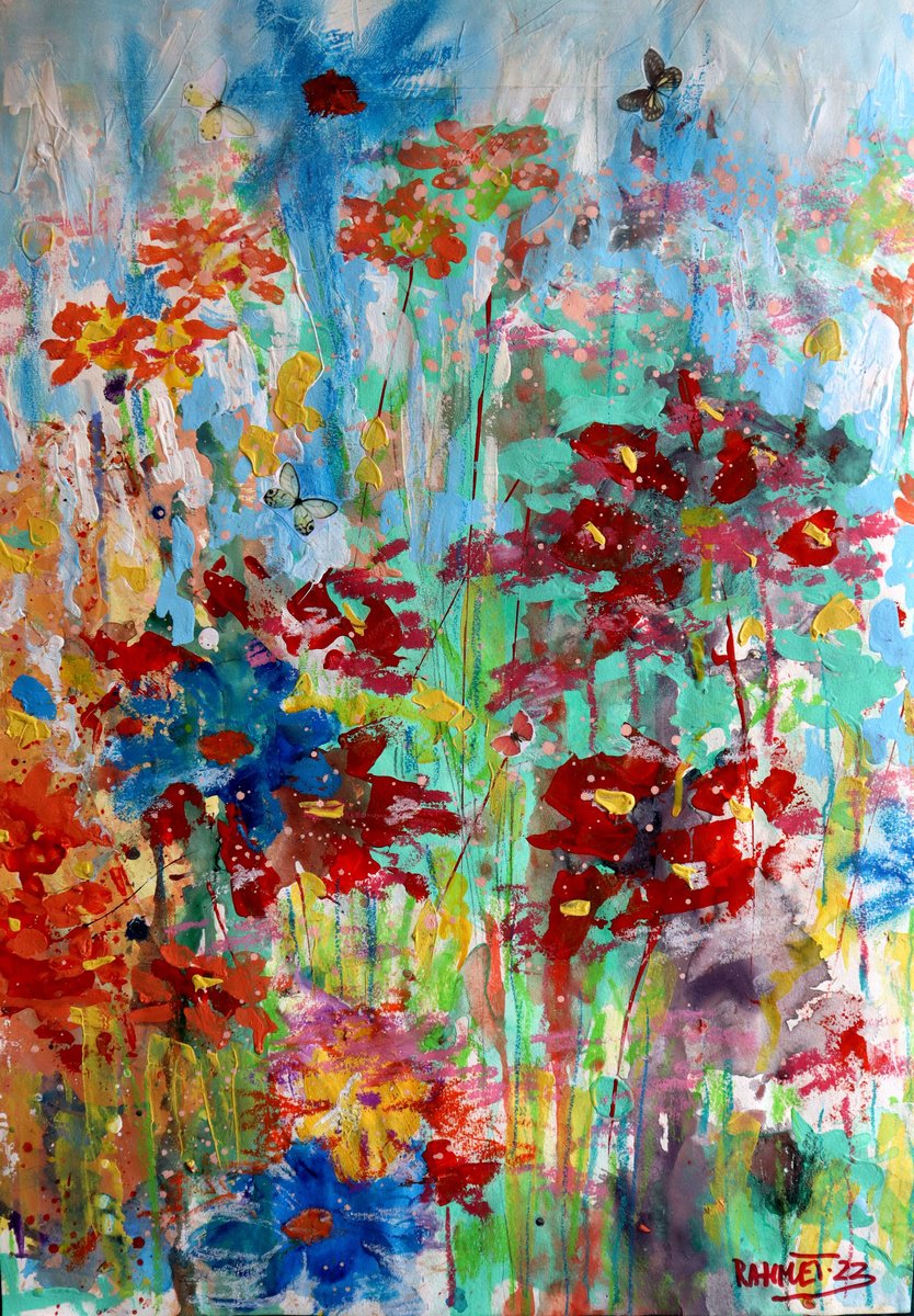 Impressionistic Botanical Acrylic Painting By Rakhmet Redzhepov, 17 X 23", Fantasy With Flowers 115, Original Artwork