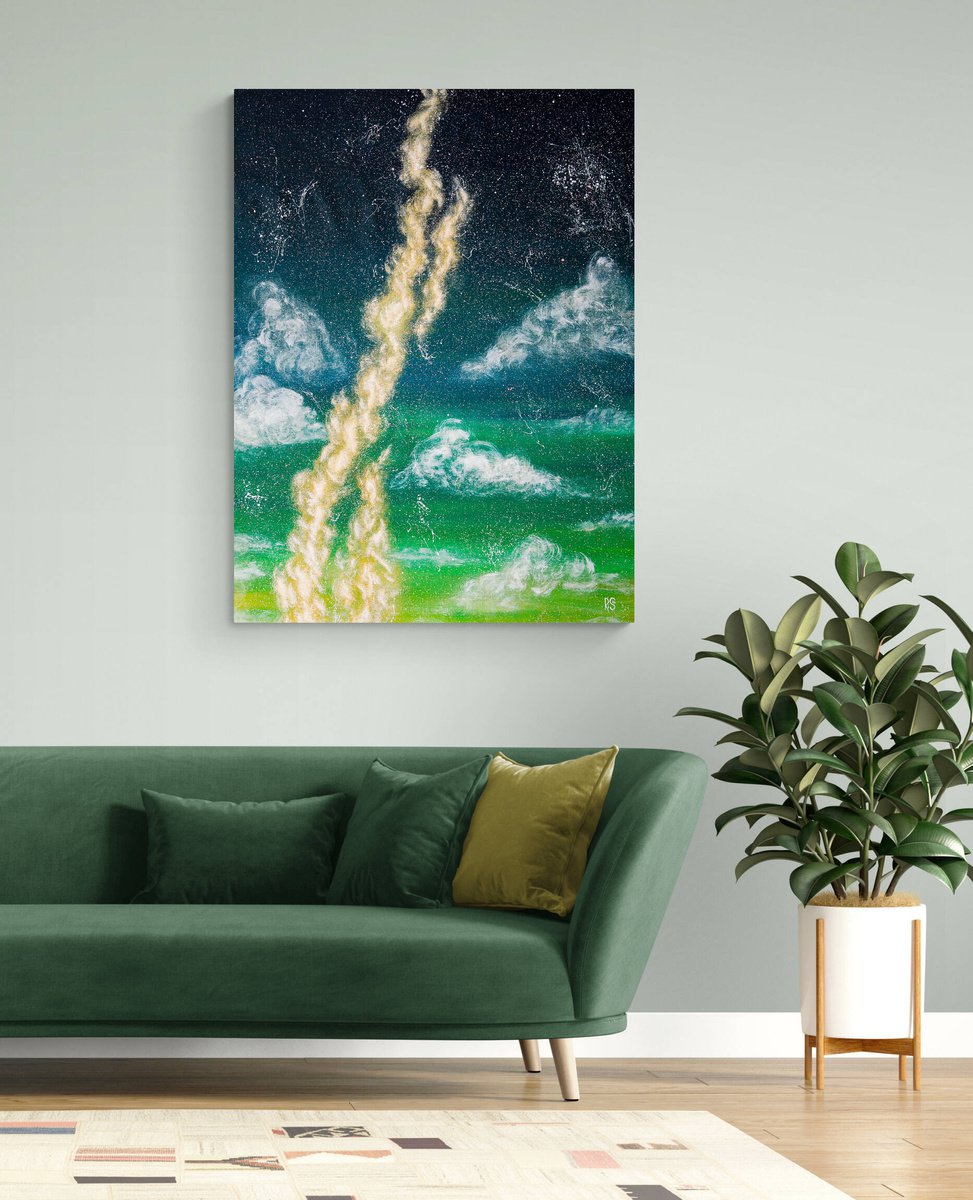 CONSTELLATIONS - abstract skyscape, parakeet green, clouds, XXL sky, 90x120 cm by Rimma Savina