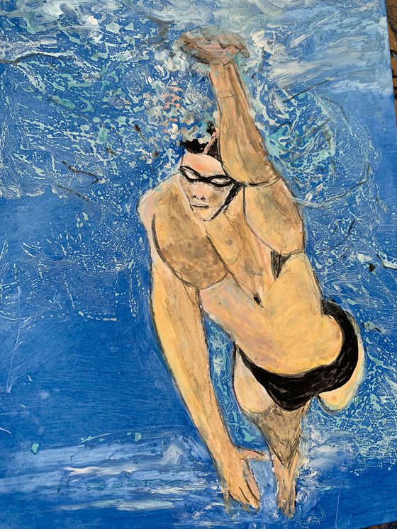 Swimmer II Acrylic Painting on Paper Unique Artwork Gift Ideas Home Decor