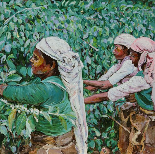 TEA PICKERS - T field - Indian Scene - Oil Painting - Large Size - Figurative - People - Oriental by Karakhan
