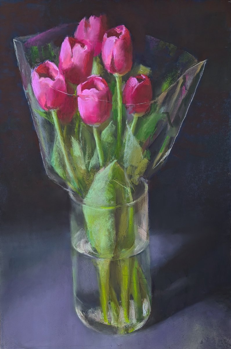 Botanical Pastel Drawing By Silja Salmistu, 12 X 18", Pink Tulips, Original Artwork