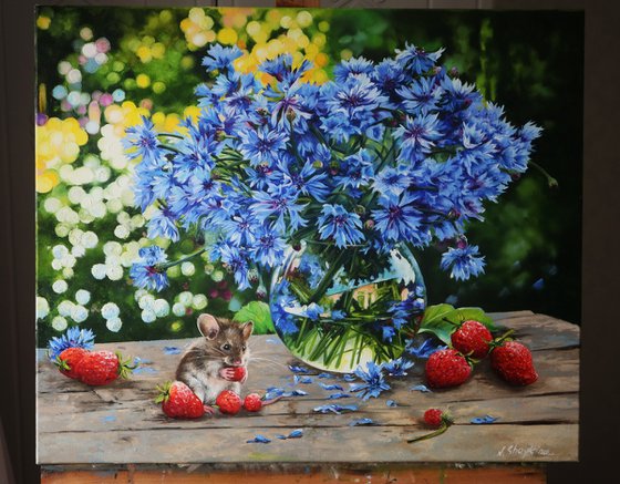 Still life with Blue Flowers and curious little mouse among succulent strawberries