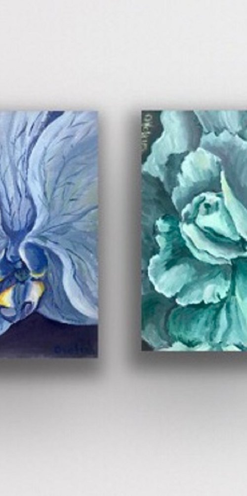 Set of 2 Blue Orchid and Turquoise Rose flower painting, Birthday gift for women by Olga Volna