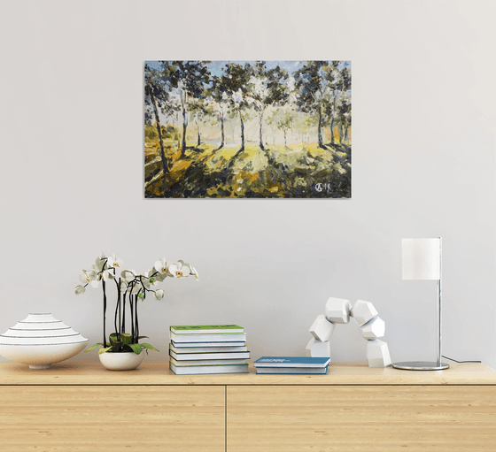 Sunny forest Original oil painting. Medium size green nature sunset trees impression impressionism yellow warm tones decor interior