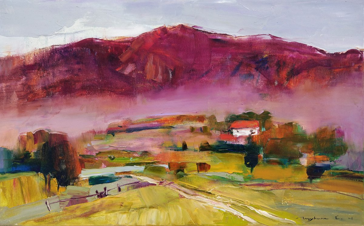 Impressionistic Landscape Oil Painting By Helen Shukina, 31 X 20, Mountains In The Fall, Original Artwork
