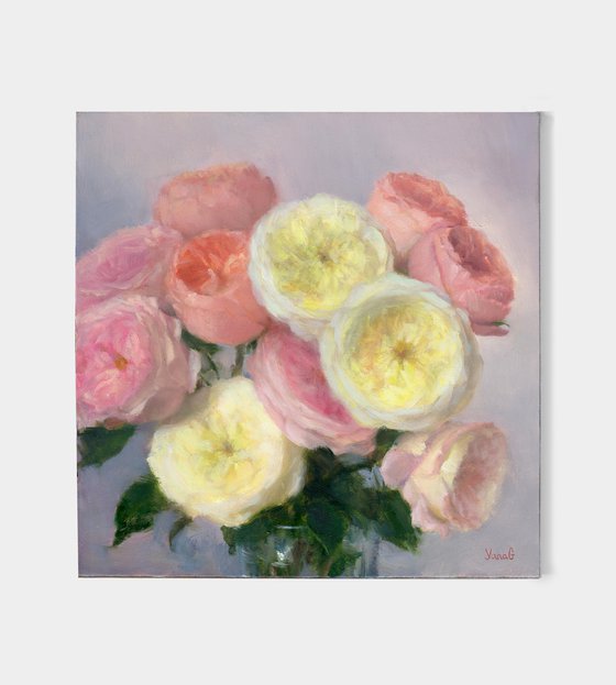 "Tenderness. Garden Roses" Contemporary Original Floral Still Life Oil Painting
