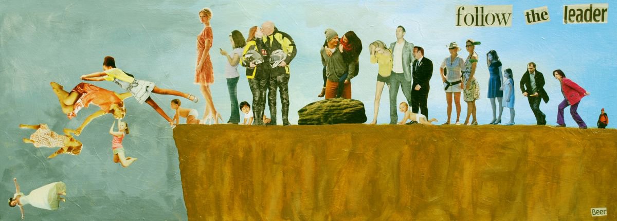 Surrealistic Abstract Collage By Stephen Beer, 32 X 12", Follow The Leader, Original Artwork