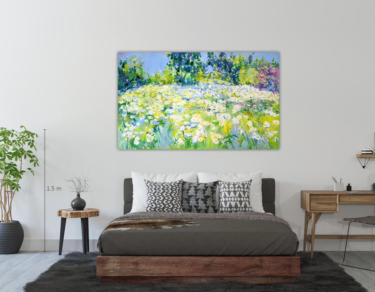 Impressionistic Landscape Acrylic Painting By Yehor Dulin, 79 X 47", Daisies Flowers Of Childhood, Original Artwork