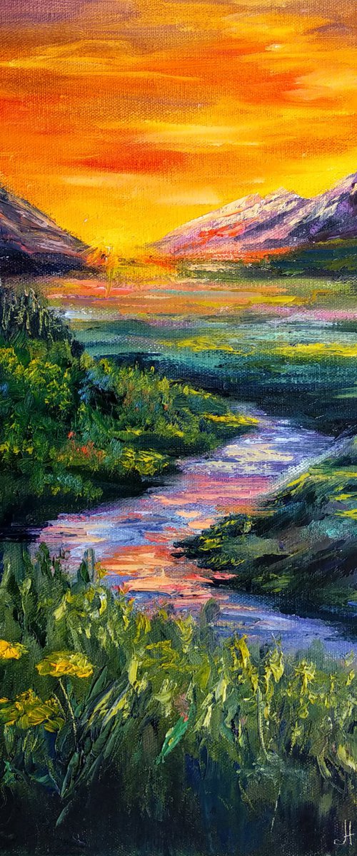 Mountain Landscape Summer Sunset Lights Sky View Ready to Hang by Anastasia Art Line