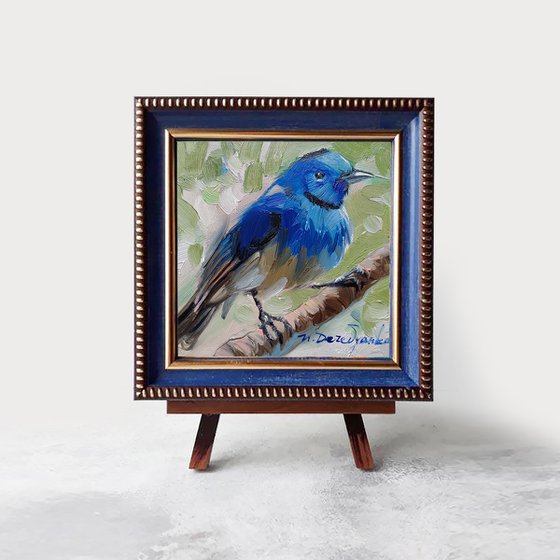 Monarch bird painting original framed 4x4, Blue bird oil small framed art, Bird lovers gift