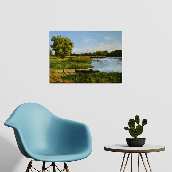 Old wooden boats on the river bank, Serene Summer Landscape