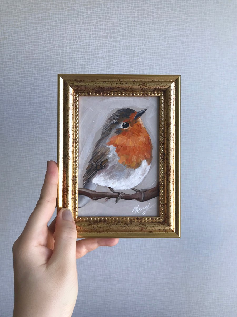 Bird Robin painting mini art framed by Leysan Khasanova