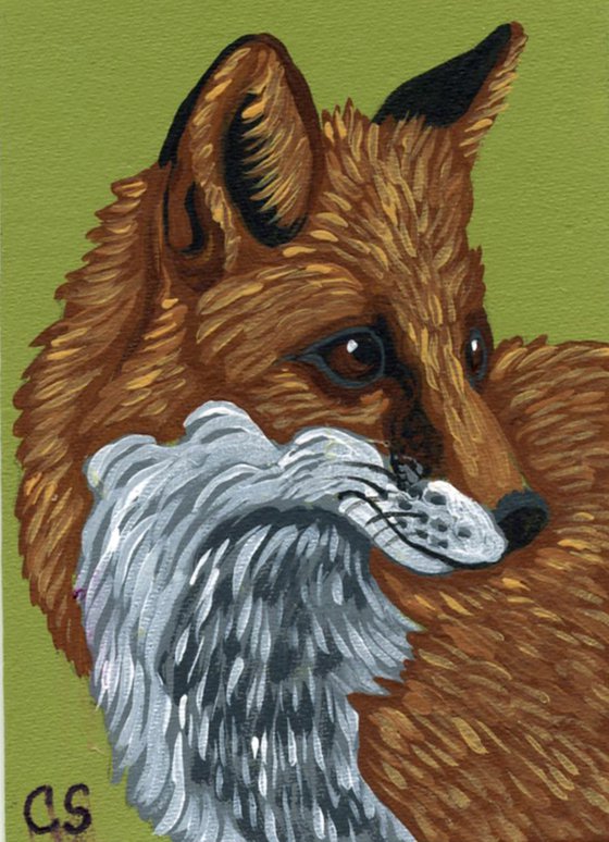 ACEO ATC Original Miniature Painting Red Fox Wildlife Art-Carla Smale