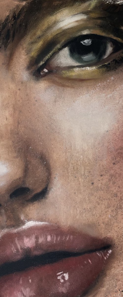 closeup golden make up oil painting of woman beauty model lips eyes by RKH by Renske Karlien Hercules