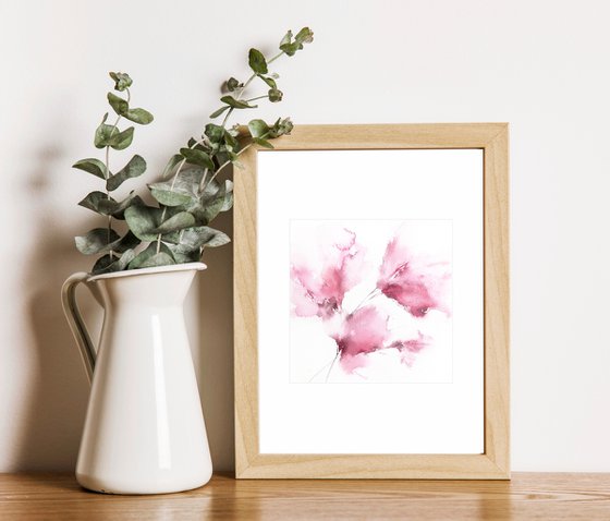 Pink abstract flowers, small watercolor painting