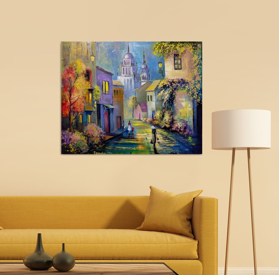 " Morning in Italy " - 100 x 80cm Original Oil Painting Large XL Landscape old Cityscape