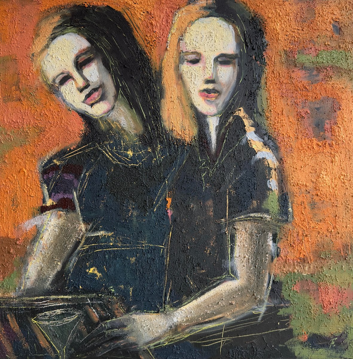 Impressionistic Portrait Acrylic Painting By Nikola Gulev, 39 X 39", "Friendship", Original Artwork